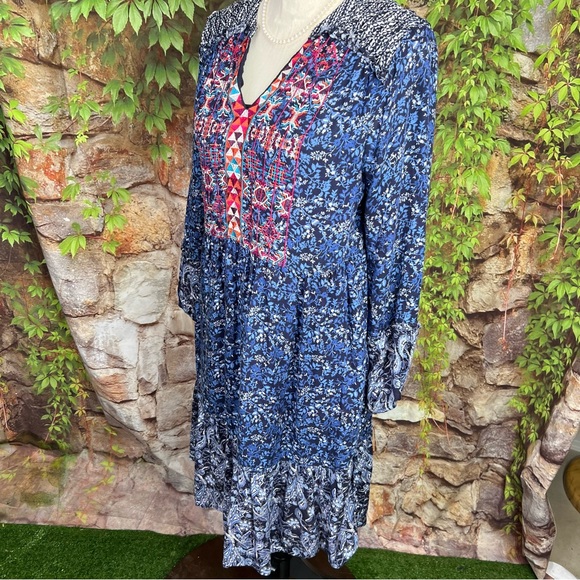 SUNDANCE Blue Patterned Boho Mini Dress, S - Picture 7 of 12